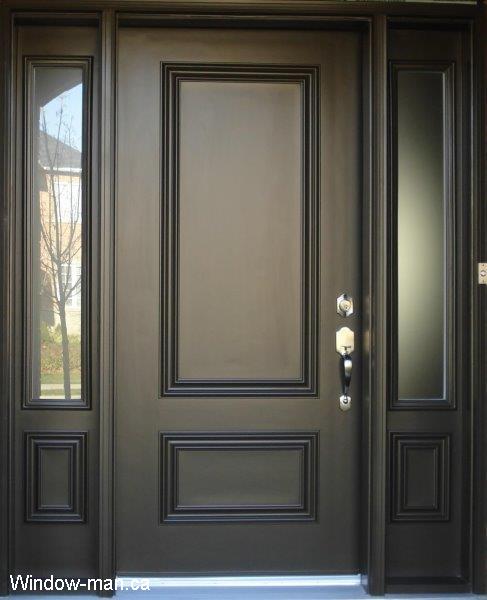 Single entry fiberglass door with two sidelights. Smooth Brown. Raised Executive panels. Acid etched glasses